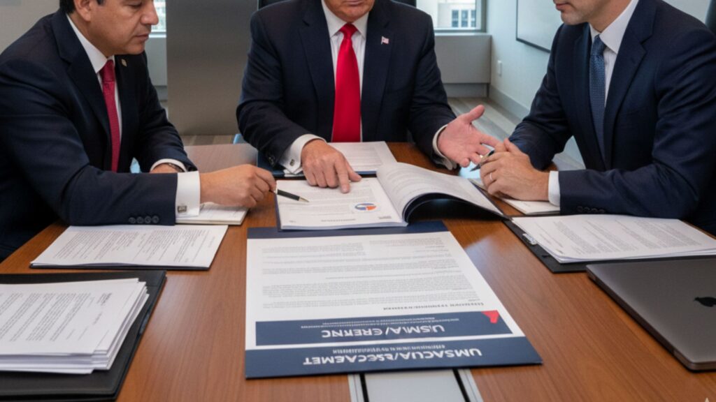 Revisión TMEC, descripción gráfica de 3 funcionarios negocinado.